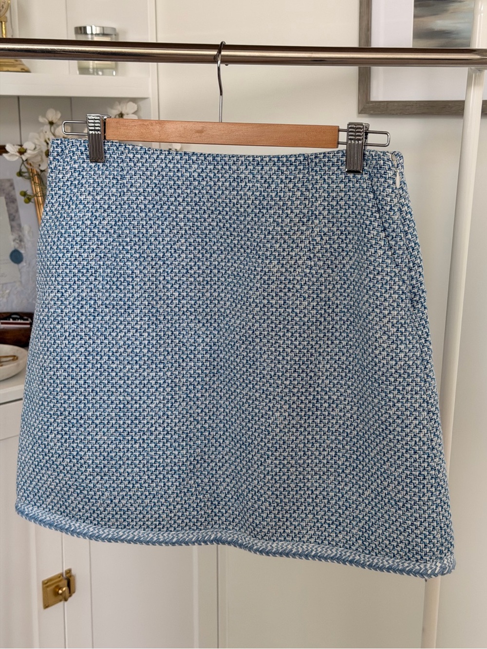 Textured Light Blue A-Line Tweed Skirt